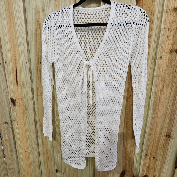 No Brand Other - White Open-Knit Coverup Cardigan or Lightweight Beach Layer, Tie Strings
